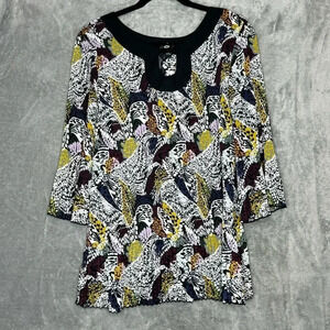 Essentials By Milano 1X Shirt Top Wite Abstract Bell 3/4 Sleeve Scoop Neck Women